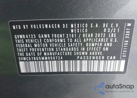 2021 Volkswagen Jetta 1.4T R-Line/1.4T S/1.4T Se z USA, uszkodzony, nr VIN 3VWC57BU5MM050724